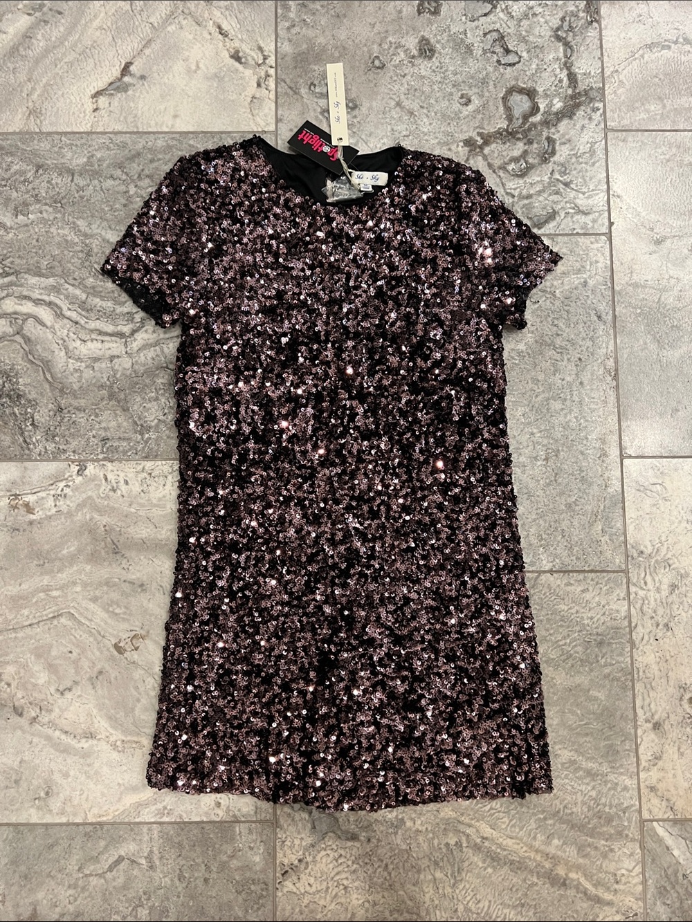 She + Sky Sequin Short Sleeve Dress in Pink and Black